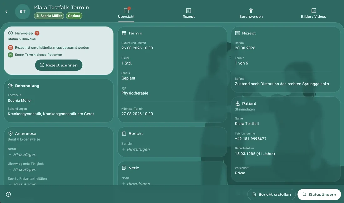 Termin-Ansicht mit Patient, Rezept, Bericht und Status