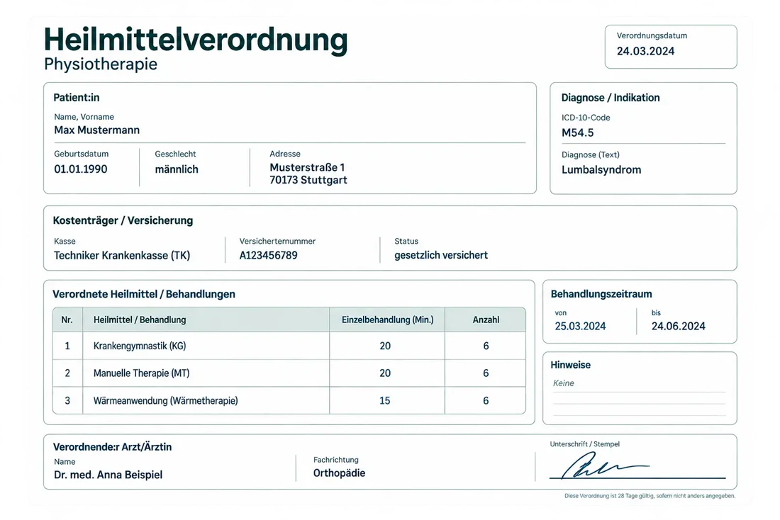 Fotografierte Heilmittelverordnung mit Befund und verordneten Behandlungen