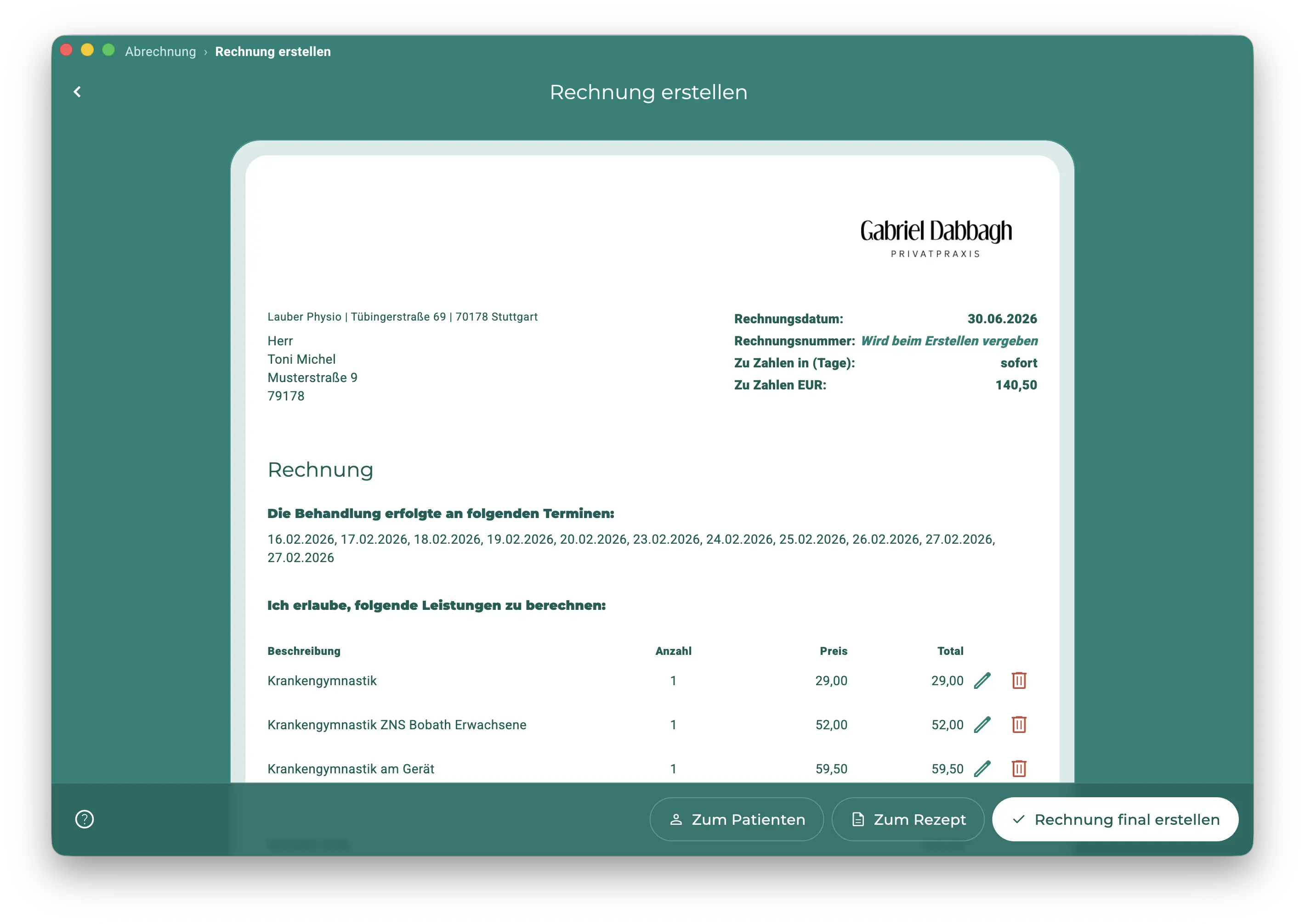 Rechnung erstellen aus Behandlungen